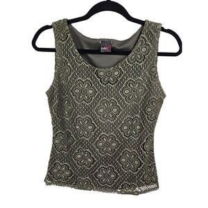 Studio Y Sleeveless Olive Green Floral Lace Lined Tank Top Blouse Size Small